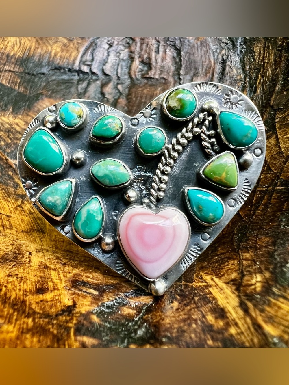Sterling Silver Kingman Turquoise Queen Conch Heart Cherry Statement Ring Sz 7